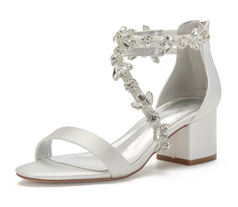 Brautsandalen aus Satin mit Kristallen Blockabsatz offene Spitze Zipper Mid Heels für Hochzeit & Party
