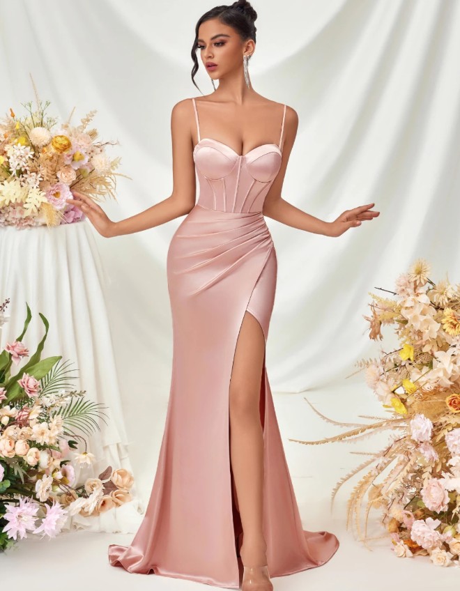 Spaghettiträger High Cut Abendkleid Festlich auch für Hochzeitsgäste in Lachs