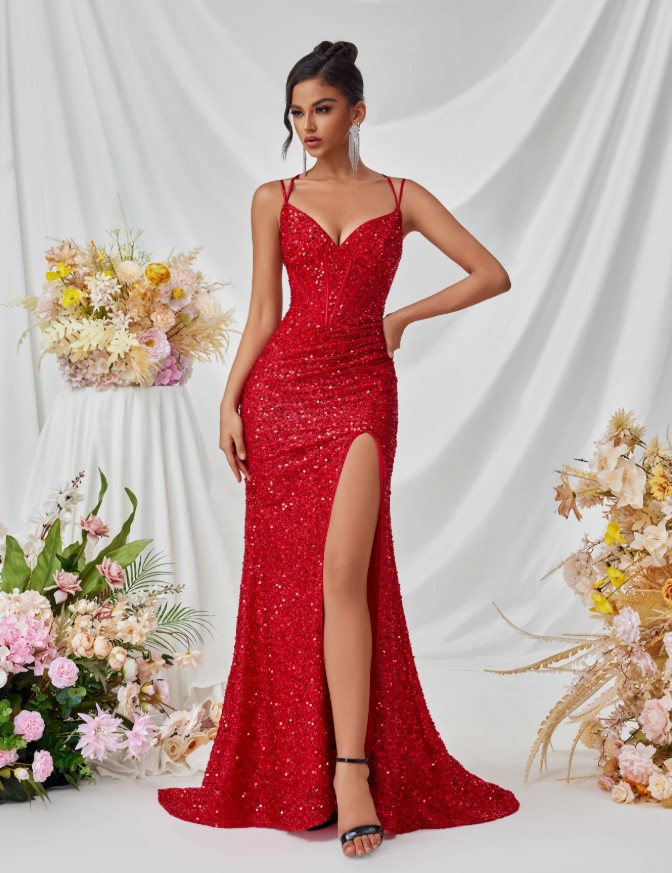 Spaghettiträger Glitzer High Cut Abendkleid Schulterfrei auch für Hochzeitsgäste in Rot
