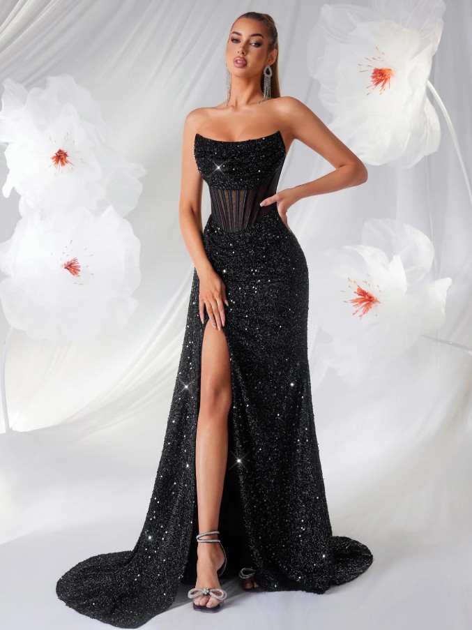 Sexy Schulterfreies Glitzer High Cut Abendkleid auch für Hochzeitsgäste in Schwarz
