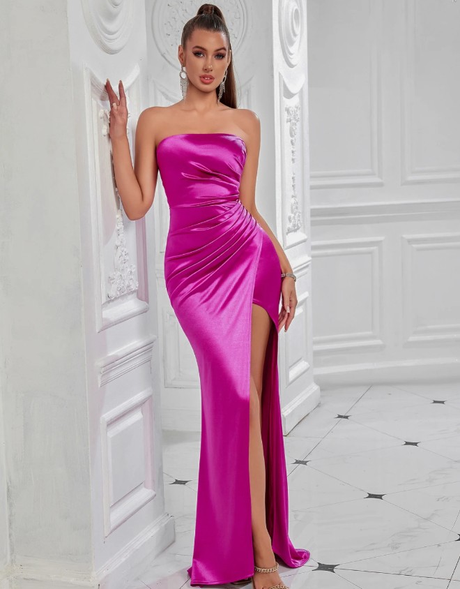 Schulterfreies I Linie High Cut Abendkleid Sexy in Pink für Hochzeitsgäste