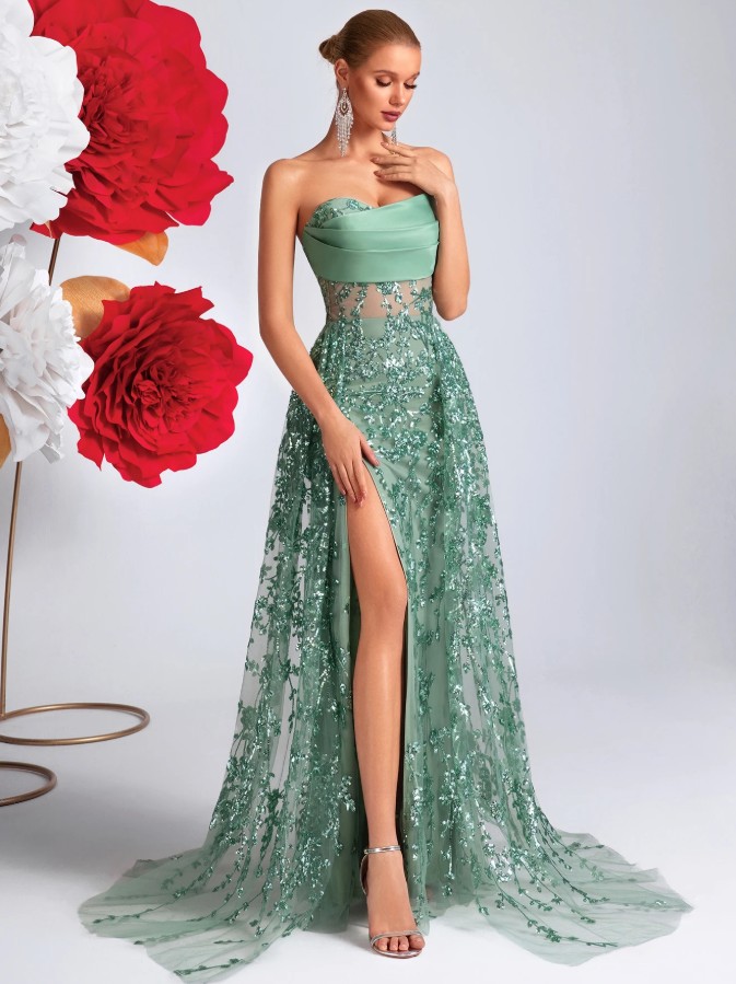 Schulterfreies A Linie High Cut Glitzer Abendkleid in Mintgrün für Hochzeitsgäste Festlich