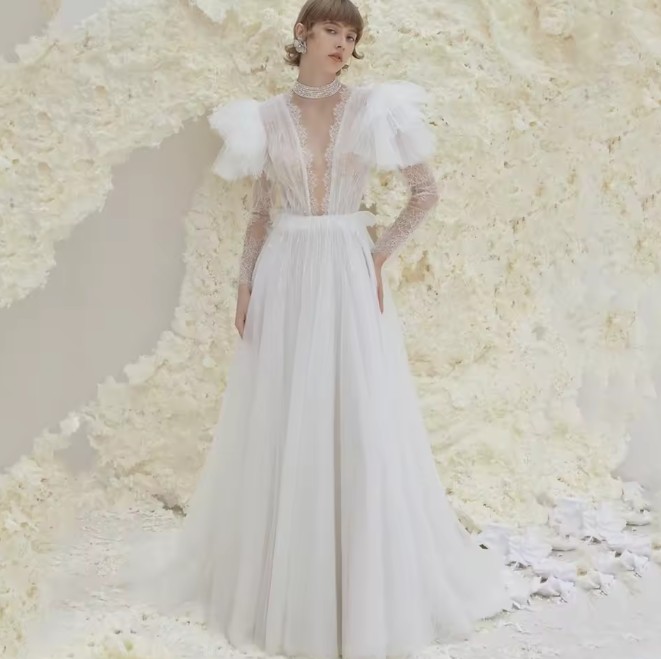  A Linie Tüll Brautkleid Damara mit Illusion Ärmeln