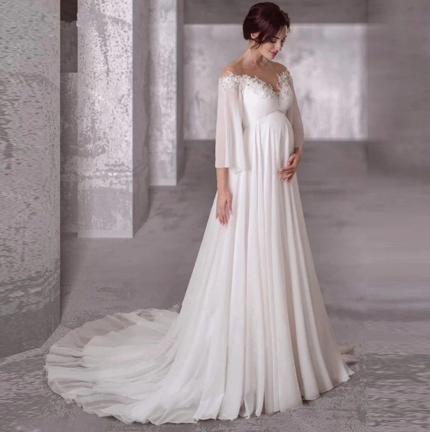 Schulterfreies Brautkleid Anastasia auch für Schwangere mit Flare Ärmel und Schleppe
