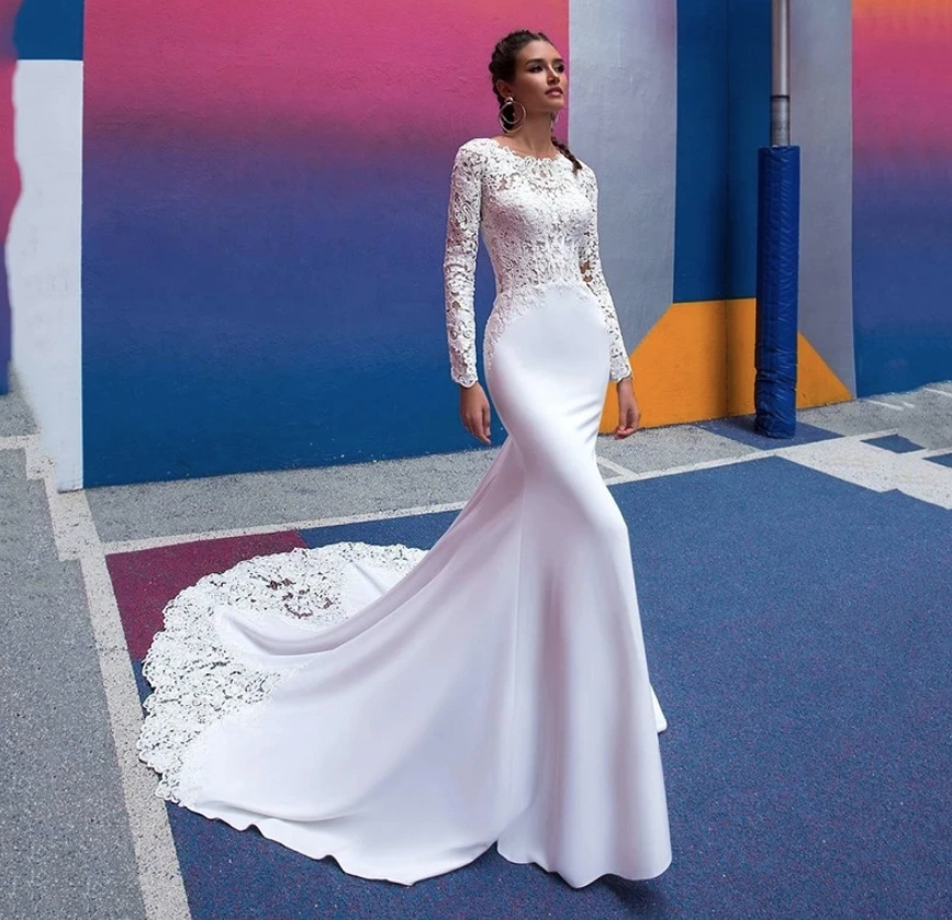 Langarm Meerjungfrau Brautkleid Anthea mit Schleppe und Spitze