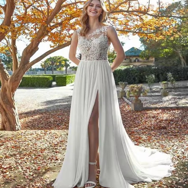  A Linie Boho Style Brautkleid Elmira mit Schlitz und Spitze