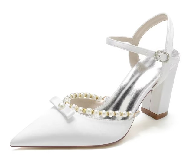Blockabsatz Satin Perlen Brautschuhe Elna Weiß