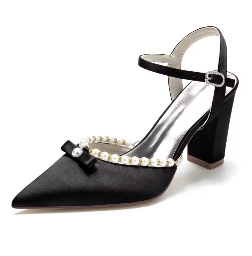 Blockabsatz Satin Perlen Brautschuhe Elna Schwarz