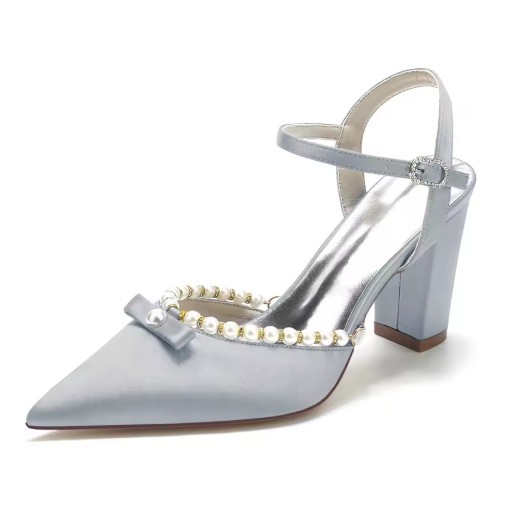 Blockabsatz Satin Perlen Brautschuhe Elna Silber