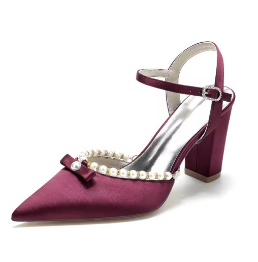 Blockabsatz Satin Perlen Brautschuhe Elna Weinrot