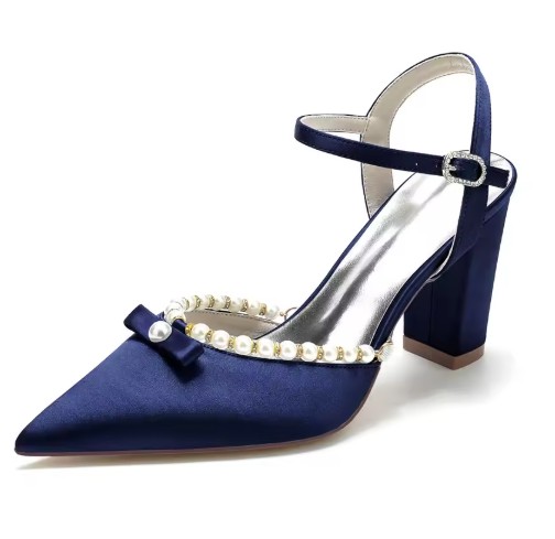 Blockabsatz Satin Perlen Brautschuhe Elna Navy Blau