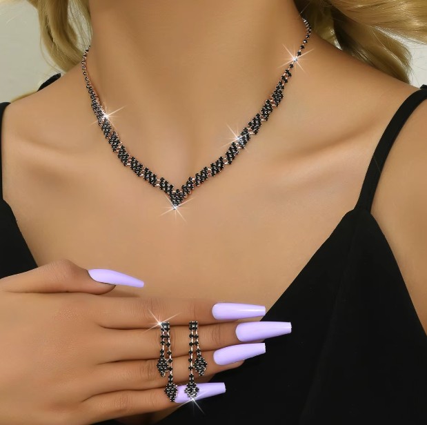 Brautschmuck Set Elsa Halskette mit Ohrringe Gold Schwarz