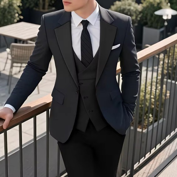 Eleganter 3-teiliger Herren Hochzeitsanzug mit Weste Schwarz