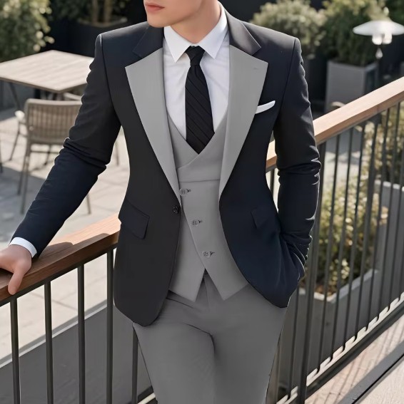 Eleganter 3-teiliger Herren Hochzeitsanzug mit Weste Grau Schwarz