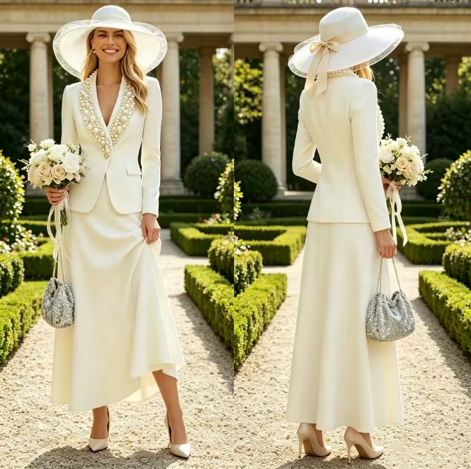Elegantes 2-teiliges Standesamt Braut-Kostüm mit großen Perlen, Blazer und Rock