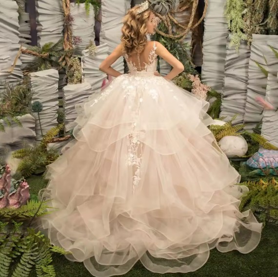 Blumenmädchenkleid mit Tüllapplikationen – Ärmelloses Prinzessinnenkleid