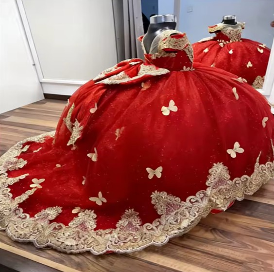Rotes Prinzessinnen-Blumenmädchenkleid mit Tüll und Schmetterling
