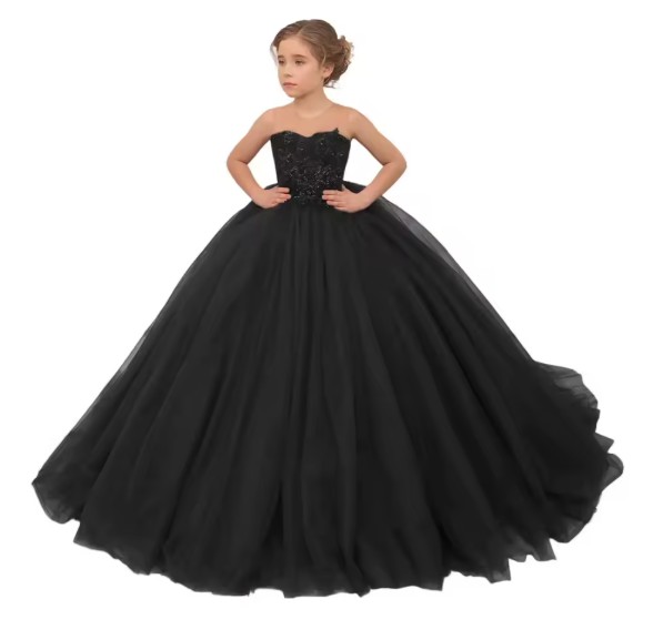 Schwarzes Blumenmädchenkleid mit Blumenapplikationen und Rundhals