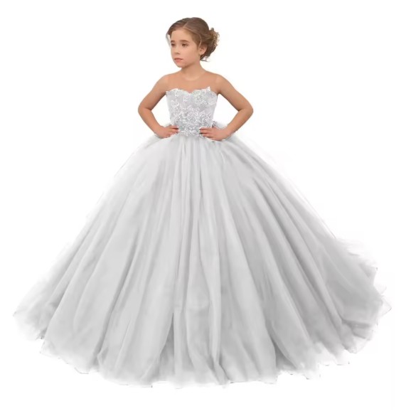 Weißes Blumenmädchenkleid mit Blumenapplikationen und Rundhals