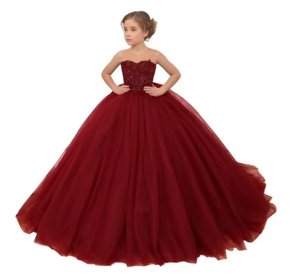 Weinrotes Blumenmädchenkleid mit Blumenapplikationen und Rundhals