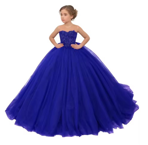 Marineblaues Blumenmädchenkleid mit Blumenapplikationen und Rundhals