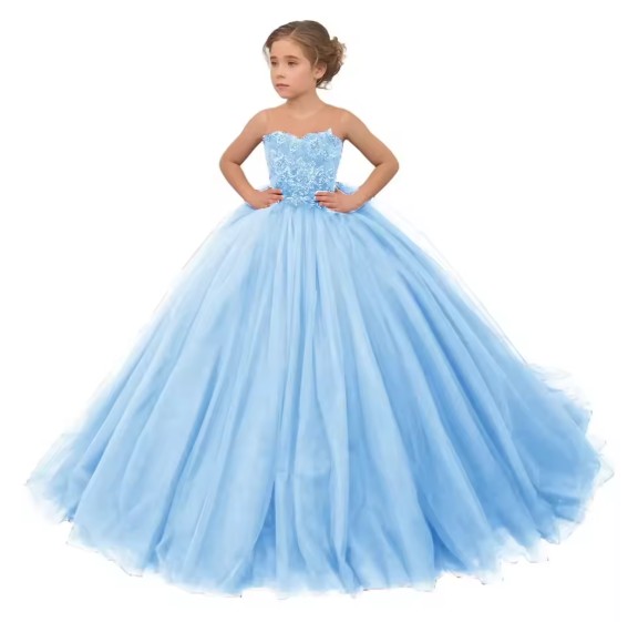 Himmelblaues Blumenmädchenkleid mit Blumenapplikationen und Rundhals