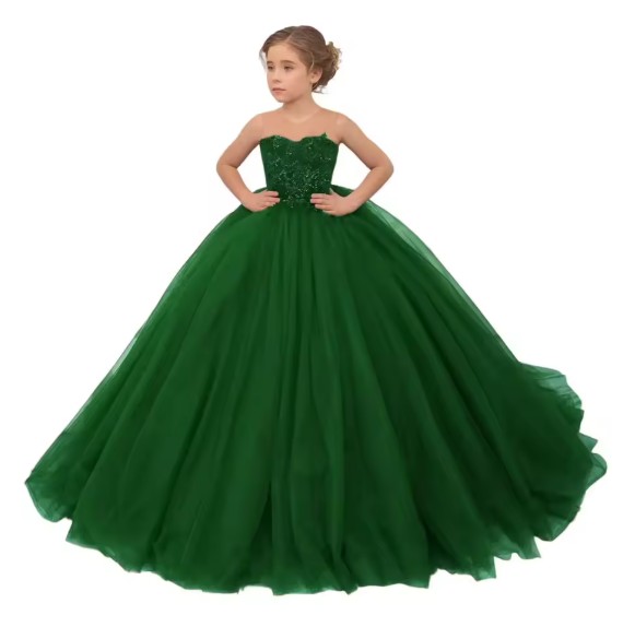 Grünes Blumenmädchenkleid mit Blumenapplikationen und Rundhals