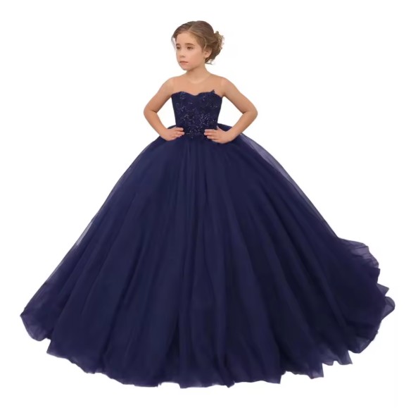 Navyblaues Blumenmädchenkleid mit Blumenapplikationen und Rundhals