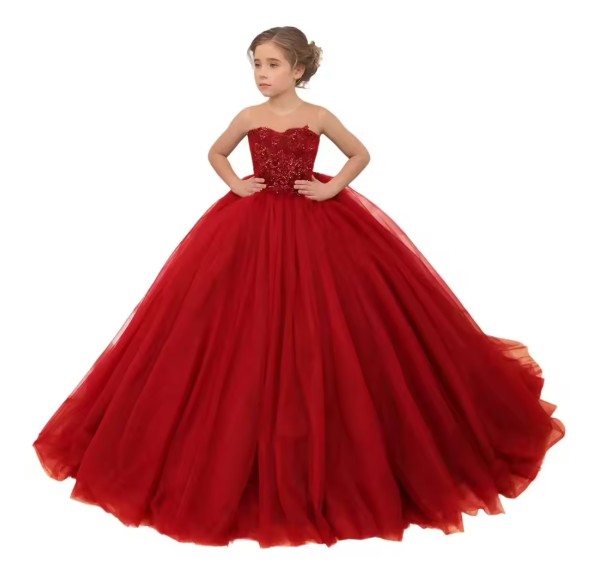Rotes Blumenmädchenkleid mit Blumenapplikationen und Rundhals