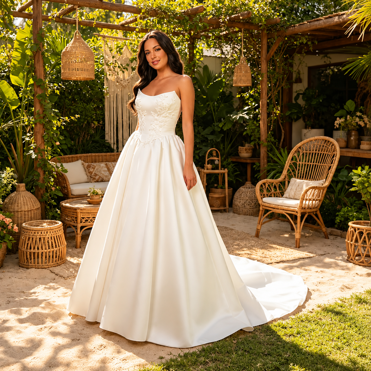 Luxuriöses Satin-Brautkleid – Trägerloses Korsett, A-Linie mit Perlenstickerei und Spitzenapplikationen