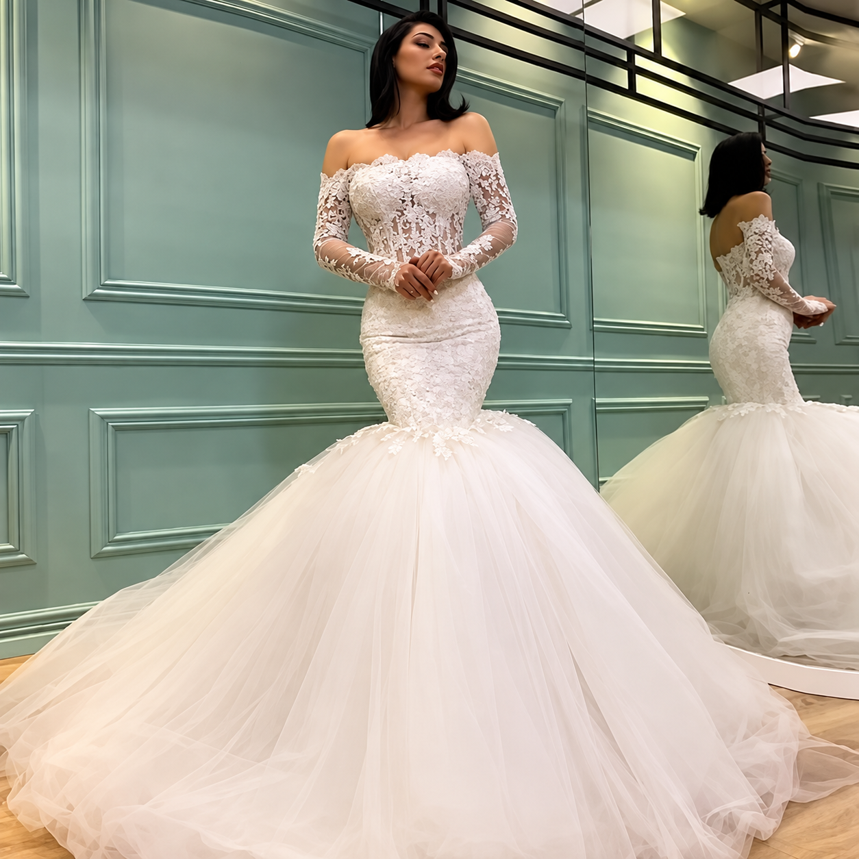 Meerjungfrau-Brautkleid mit Spitze – Schulterfrei, Langarm, Tüll & Korsett-Rücken für kurvige Bräute