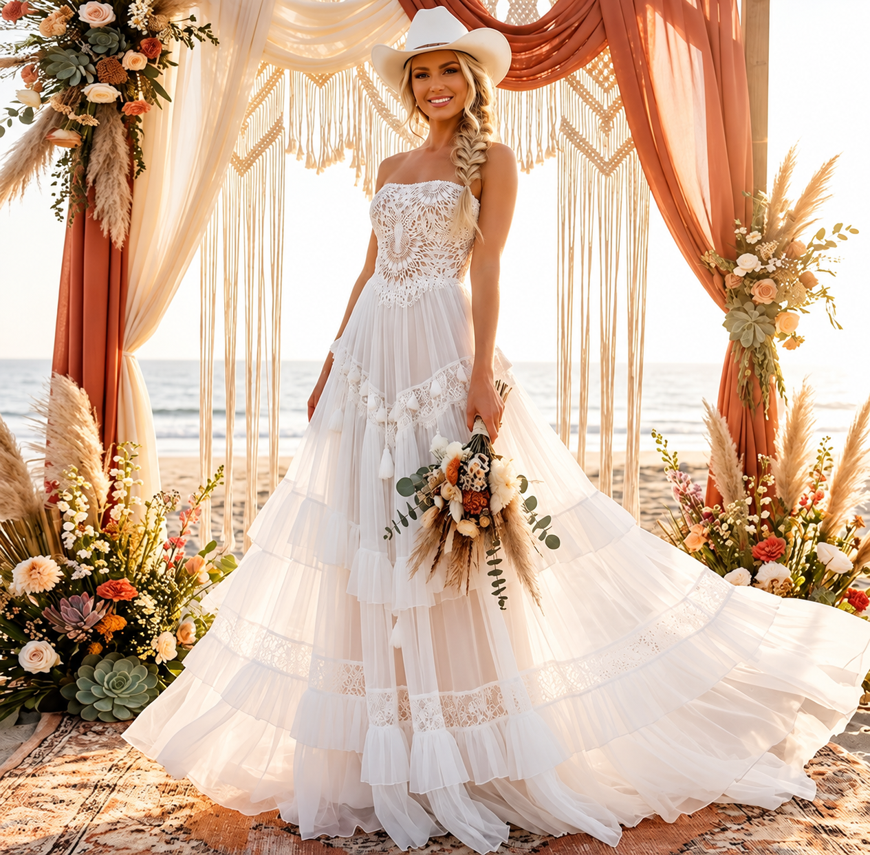 Boho Tüll-Hochzeitskleid – Korsett, Spitze, trägerlos & mit Quasten