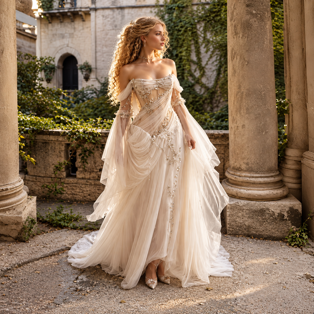 Mittelalterliches drapiertes Hochzeitskleid – Schulterfrei mit transparenten Ärmeln & Waldfee-Korsett