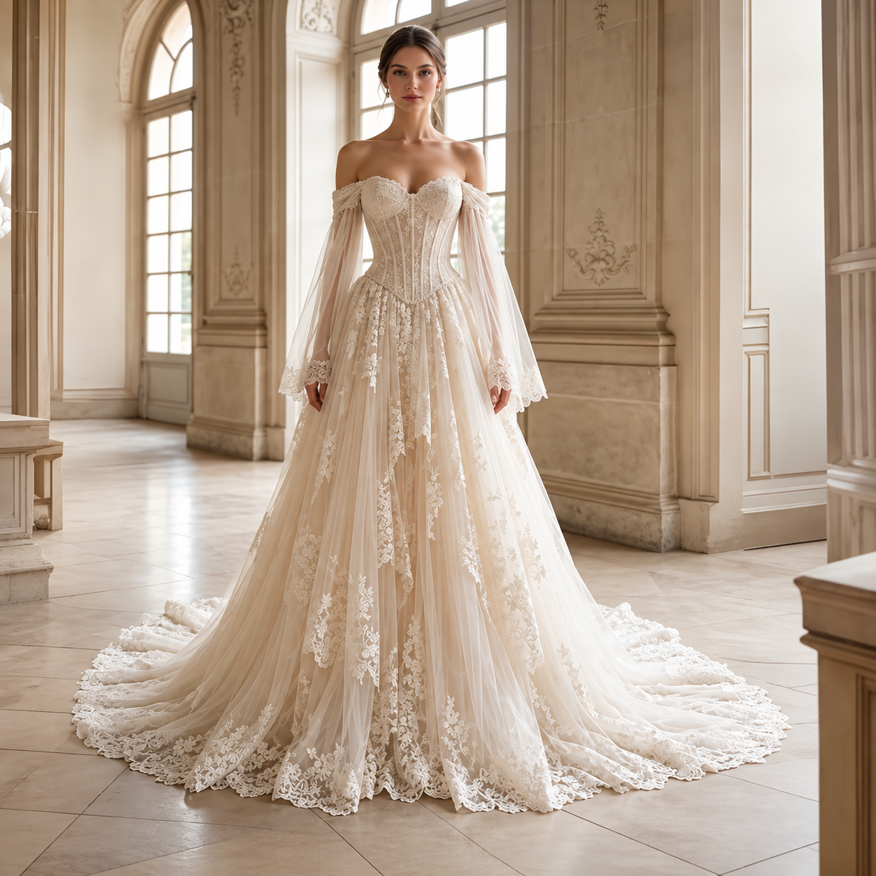 Vintage Spitzenkorsett Hochzeitskleid – Off-Shoulder, lange Ärmel & gerüschter Tüll