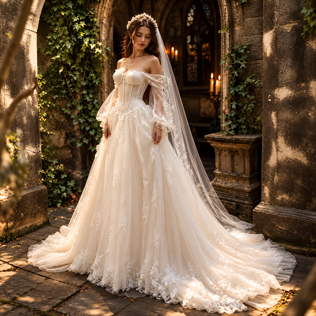 Schulterfreies Vintage Spitzenkorsett-Brautkleid – A-Linie mit Tüll und Puffärmeln