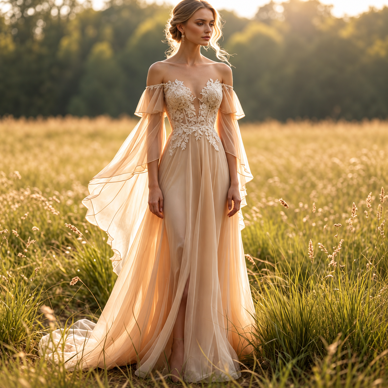 Romantisches Boho-Hochzeitskleid in Champagner – A-Linie, bodenlang mit Cape-Ärmeln und tiefem V-Ausschnitt