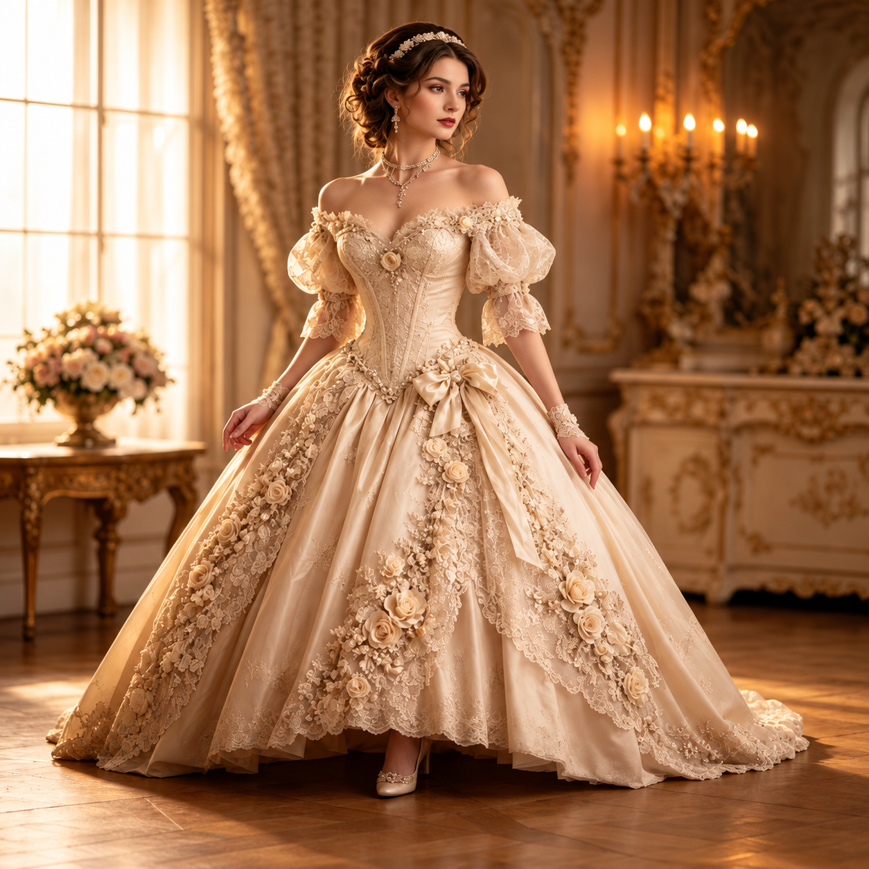 Viktorianisches Vintage Prinzessinnen-Brautkleid in Champagner – Satin, Korsett, Puffärmel & 3D-Blumenspitze