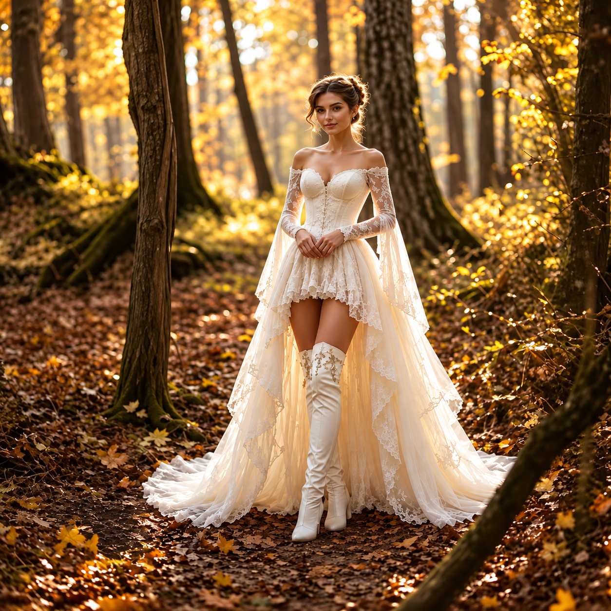 Romantisches elfenbeinfarbenes Hochzeitskleid – Schulterfrei mit Spitze, Glockenärmeln & Korsett