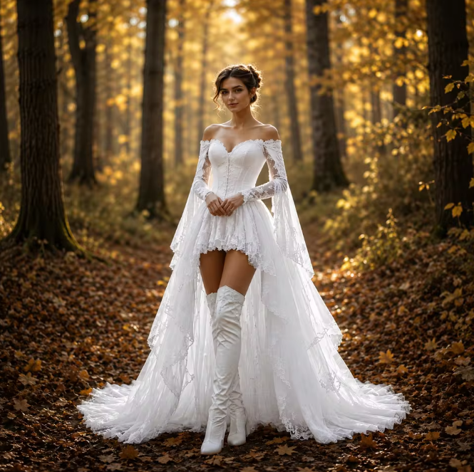 Romantisches weißes schulterfreies Hochzeitskleid mit Spitze, Glockenärmeln & Korsett