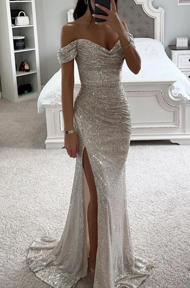 Schulterfreies Bleistift Cut Out Glitzer Standesamtkleid Antonia Silber