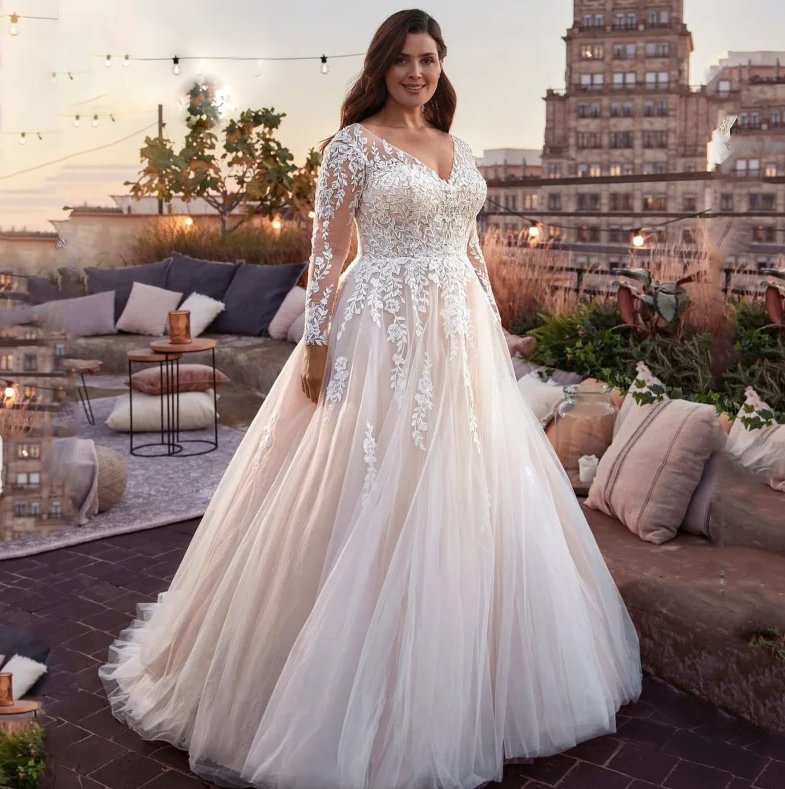 A Linie Langarm Plus Size Brautkleid Amadea mit Tüll und Tatttoo Spitze