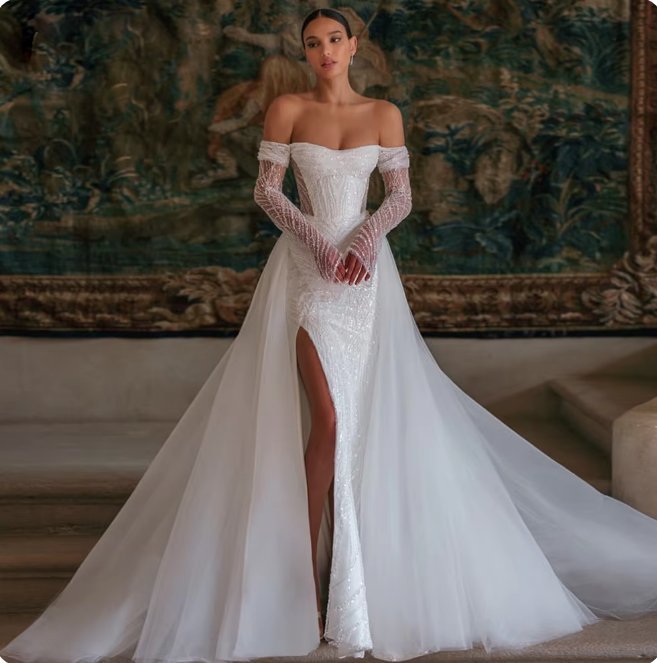 Schulterfreies Luxus 2 in 1 Brautkleid Amalie mit Pailletten Perlen Stickereien