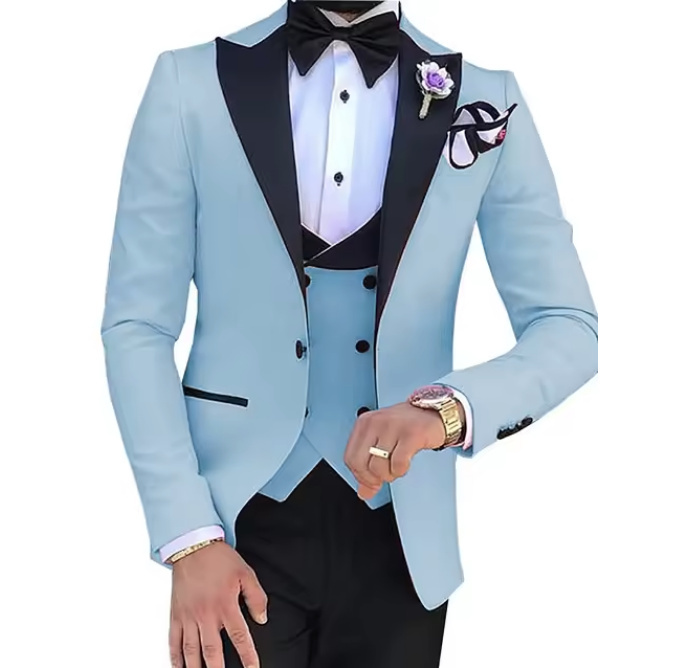 Hochzeitsanzug Aaron für den Bräutigam Hellblau Schwarz Dreiteilig
