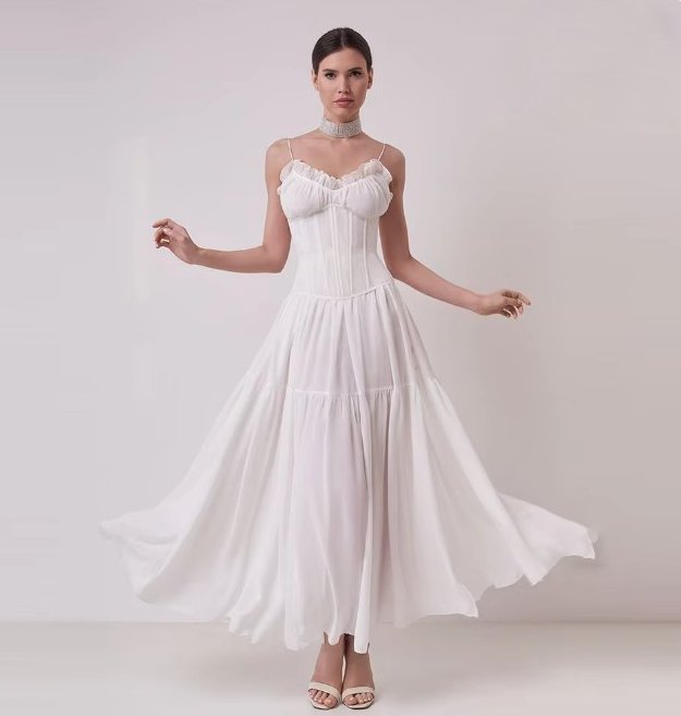 Spaghettiträger Vintage Style Standesamtkleid Angela Annelie mit Corsage Schnürung Knöchellang