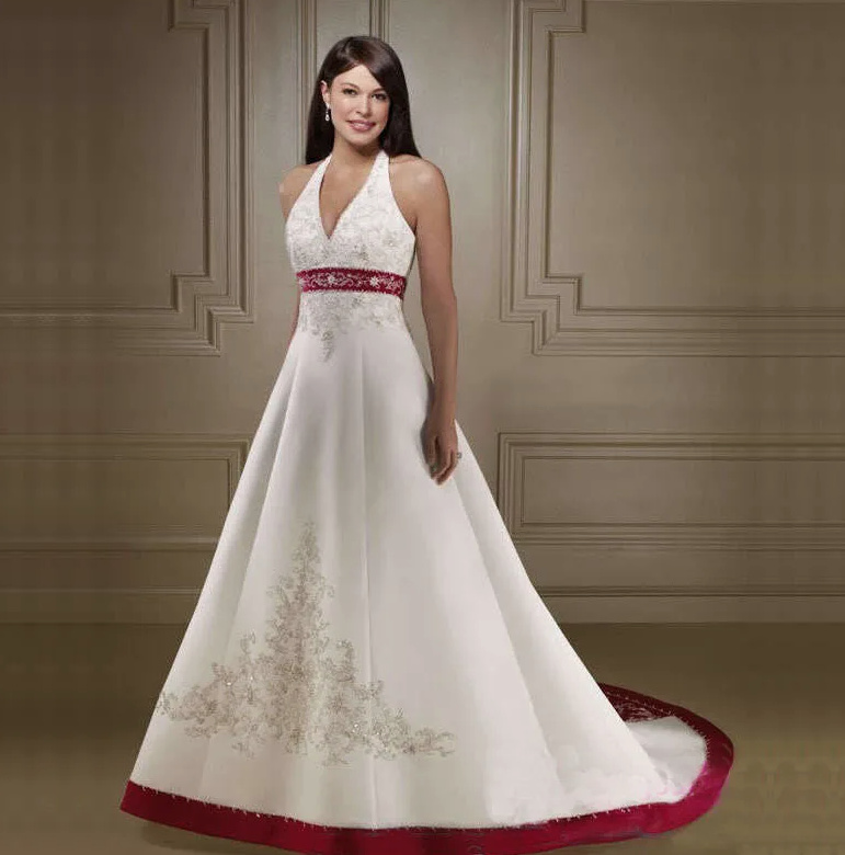 Neckholder Träger Brautkleid Angelica in Weiß Weinrot mit Stickereien