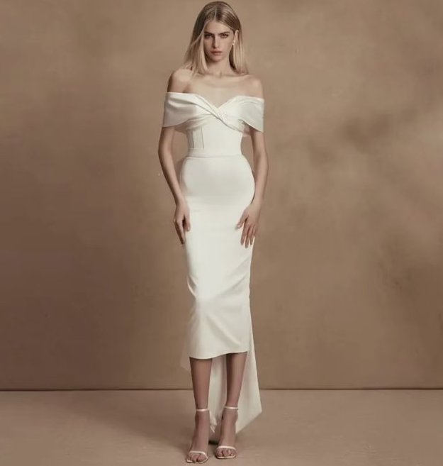Schulterfreies Midi Brautkleid Annelina Wadenlang mit Schärpe