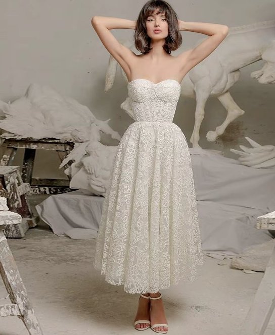 Schulterfreies Vintage Style Brautkleider Alana aus Spitze Knöchellang