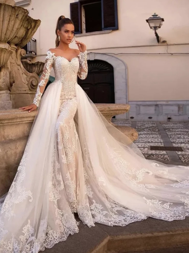 2 in 1 Luxus Meerjungfrau Brautkleid Arabella mit Spitze Schleppe Abnehmbar