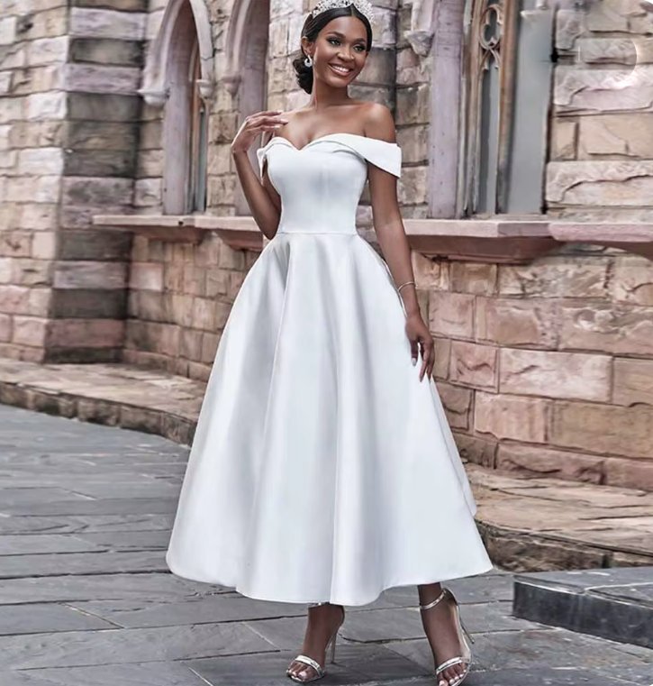 Schulterfreies Vintage Style Standesamtkleid Alisha Knöchellang Weiß