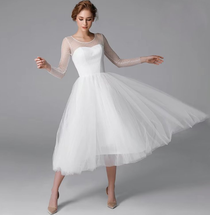 A Linie Langarm Standesamtkleid Annesca mit Tüll und Illusion Ärmel